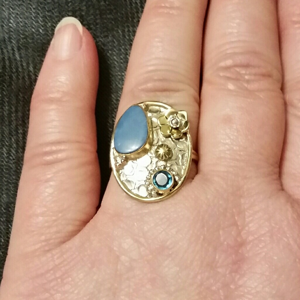 925 Tri-Tone Silver Owyhee Opal & Blue Topaz Ring